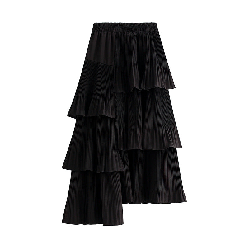 Korean Asymmetric Pleated Tiered Skirt AllMatch Mid Length Ruffled Irregular Asymmetric Skirt