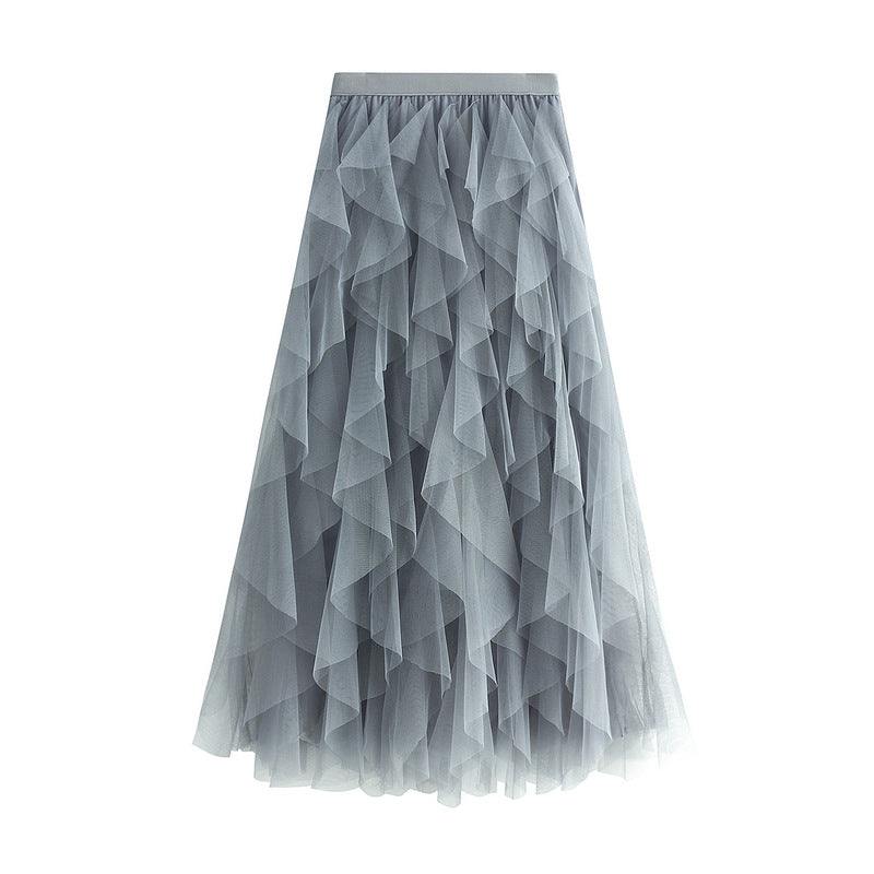 Heavy Craft Wave Unregelmäßiges asymmetrisches Lagenkleid mit Stufenmuster, Netz-Ballonrock, Feenkleid mit hoher Taille