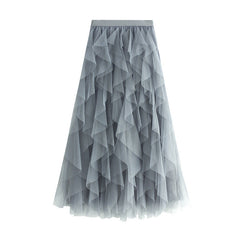Heavy Craft Wave Unregelmäßiges asymmetrisches Lagenkleid mit Stufenmuster, Netz-Ballonrock, Feenkleid mit hoher Taille