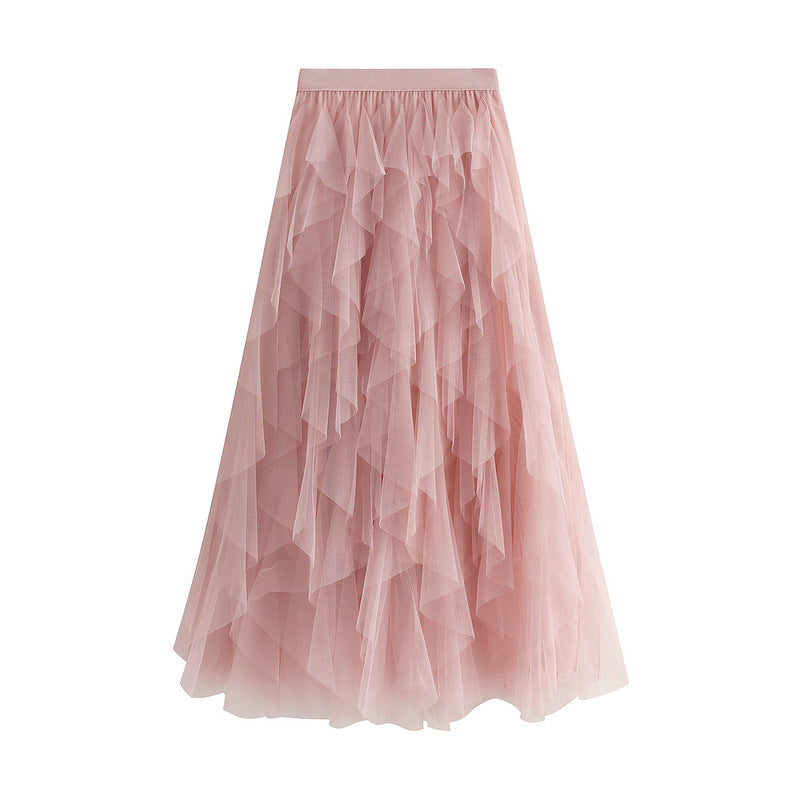 Heavy Craft Wave Unregelmäßiges asymmetrisches Lagenkleid mit Stufenmuster, Netz-Ballonrock, Feenkleid mit hoher Taille
