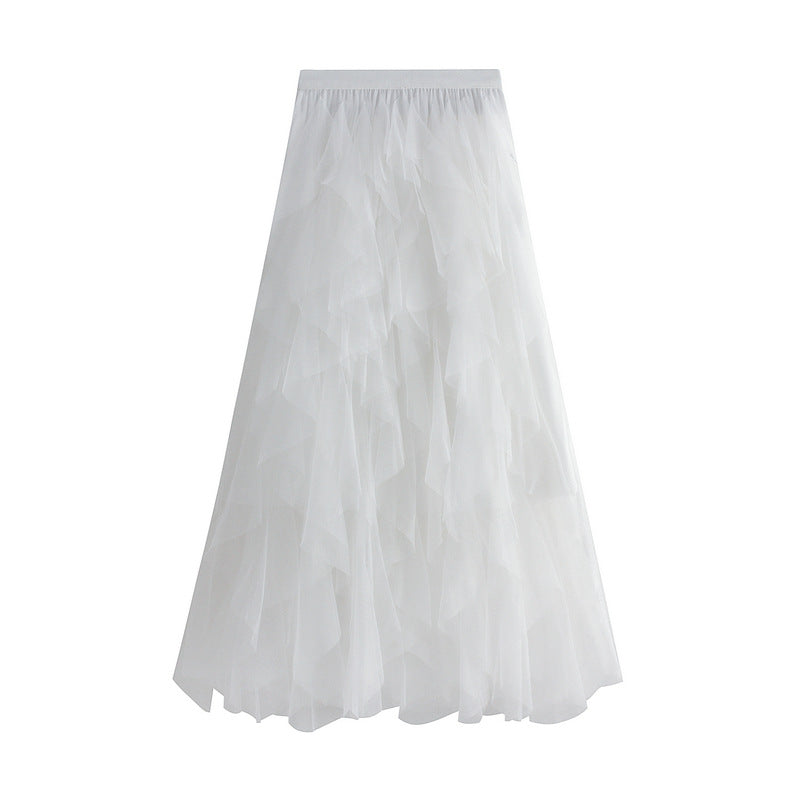 Heavy Craft Wave Unregelmäßiges asymmetrisches Lagenkleid mit Stufenmuster, Netz-Ballonrock, Feenkleid mit hoher Taille