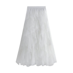 Heavy Craft Wave Unregelmäßiges asymmetrisches Lagenkleid mit Stufenmuster, Netz-Ballonrock, Feenkleid mit hoher Taille