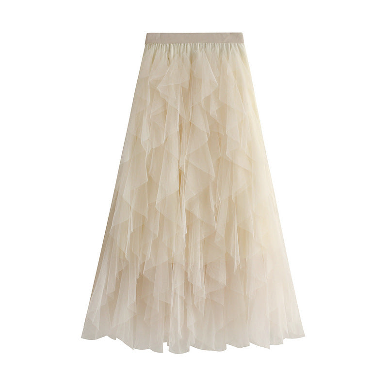 Heavy Craft Wave Unregelmäßiges asymmetrisches Lagenkleid mit Stufenmuster, Netz-Ballonrock, Feenkleid mit hoher Taille