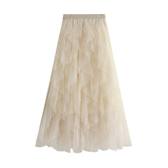 Heavy Craft Wave Unregelmäßiges asymmetrisches Lagenkleid mit Stufenmuster, Netz-Ballonrock, Feenkleid mit hoher Taille