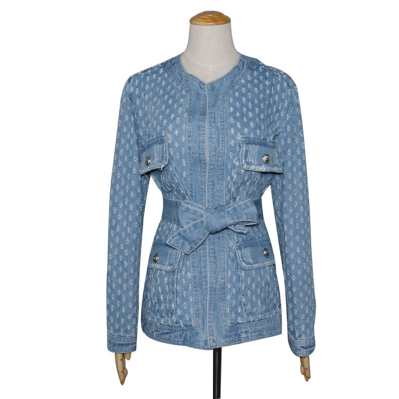 Fall Denim Jacket Casual round Neck High Waist Lace up Cutout Long Sleeve Slim Jacket Tops