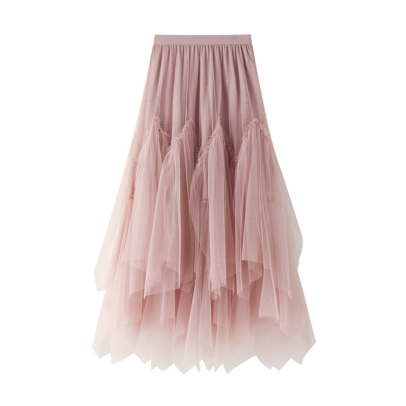 Skirt Mid-Length A line Skirt Tulle Tutu Skirt Long Skirt Mesh Fresh Irregular Asymmetric Pleated Skirt