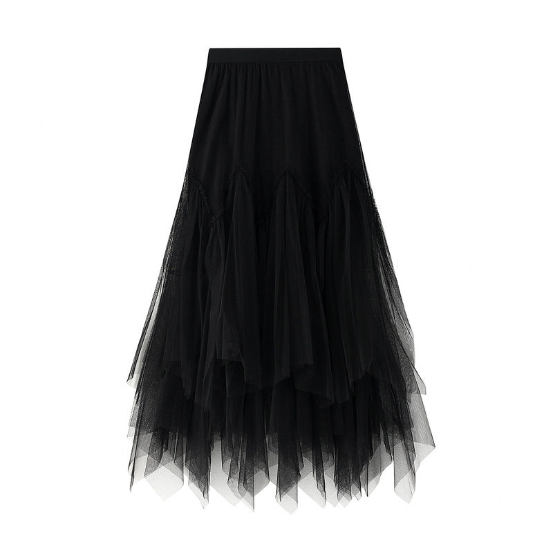 Skirt Mid-Length A line Skirt Tulle Tutu Skirt Long Skirt Mesh Fresh Irregular Asymmetric Pleated Skirt