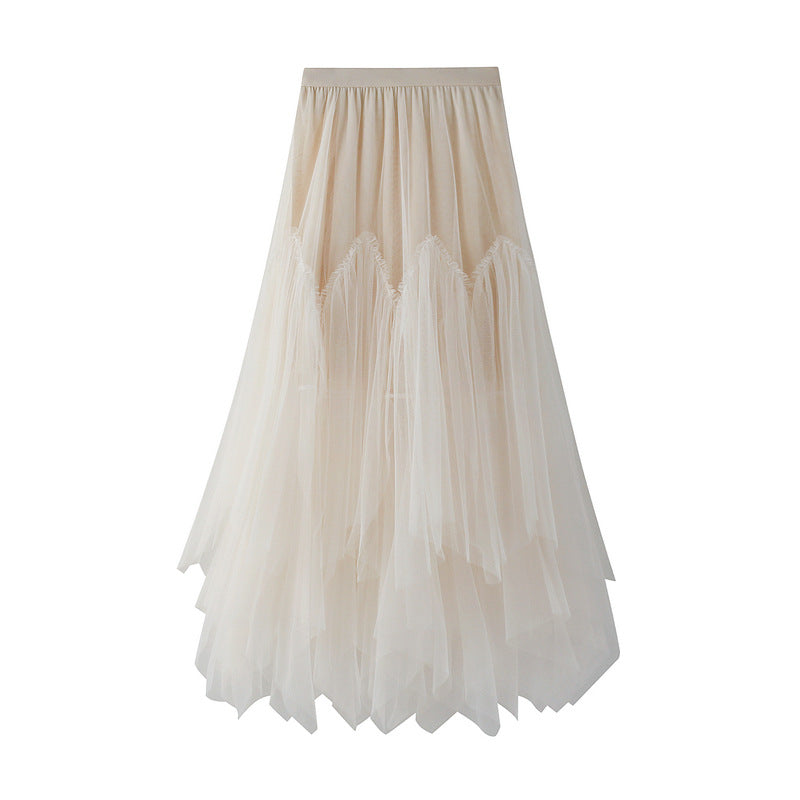 Skirt Mid-Length A line Skirt Tulle Tutu Skirt Long Skirt Mesh Fresh Irregular Asymmetric Pleated Skirt