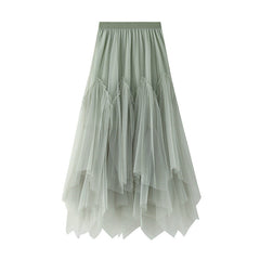 Skirt Mid-Length A line Skirt Tulle Tutu Skirt Long Skirt Mesh Fresh Irregular Asymmetric Pleated Skirt