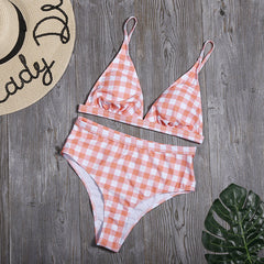 High Waist Plaid Bikini Split Swimsuit Sports Swimwear Bikini