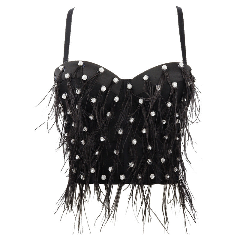 Camisole Performance Wear Socialite Exquisite Rhinestone Feather Tassel Outer Wear Inner Wear Tube Top