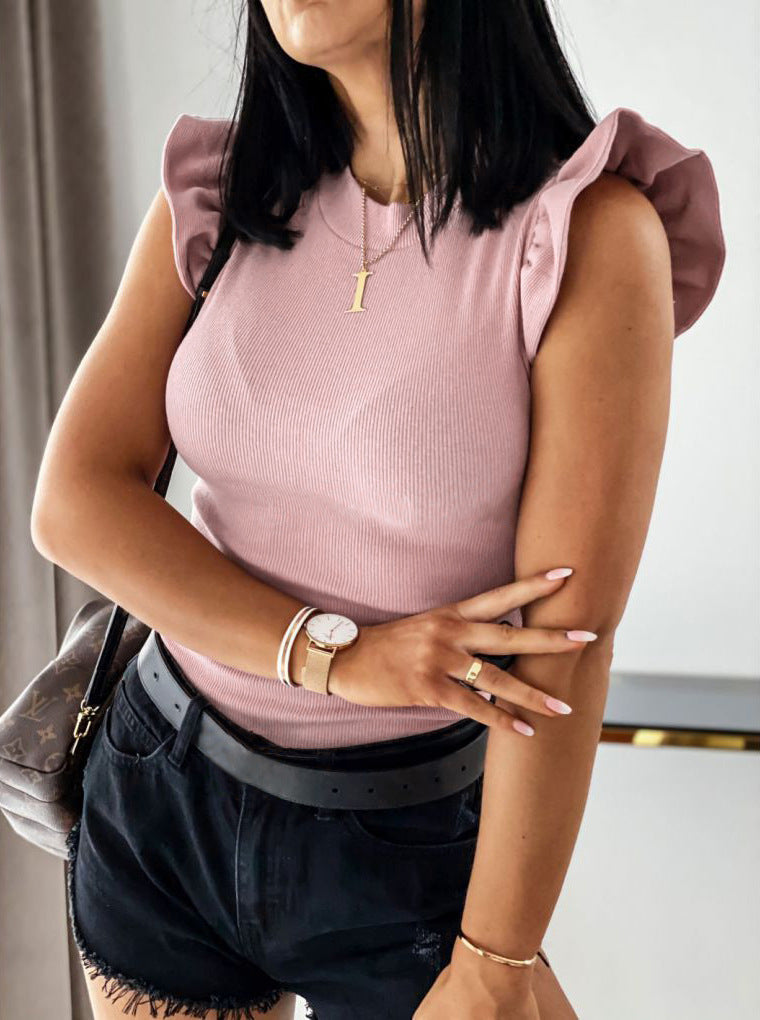 Wish Top Featured Solid Color round Neck Short Sleeves Top