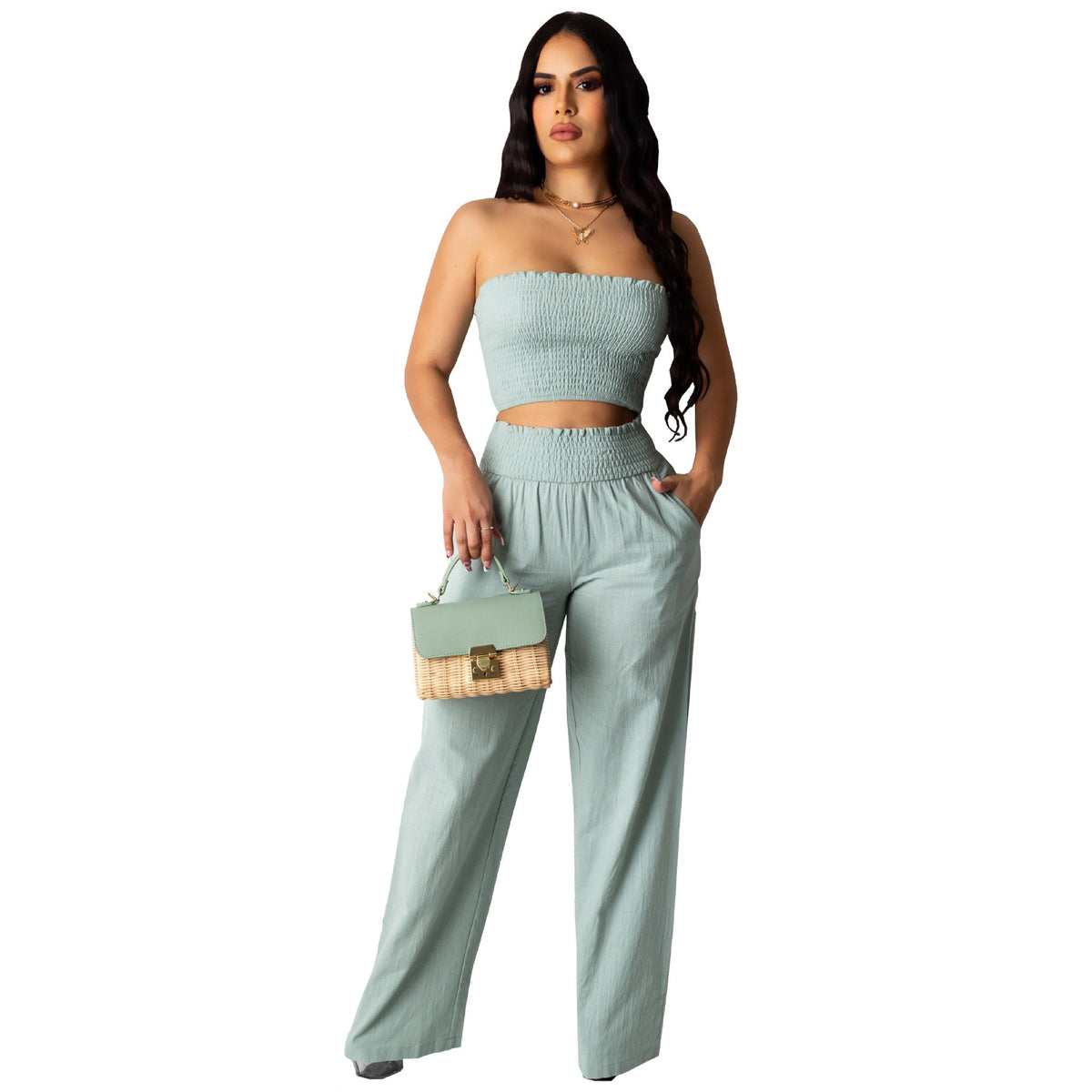 Pleating Tube Top Two Piece Work Pant Vacation