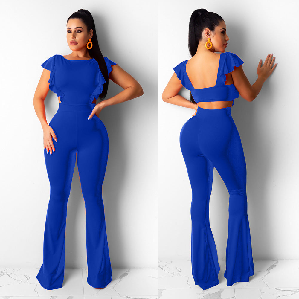 Flying Sleeves Solid Color Wide Leg Flared Jumpsuit