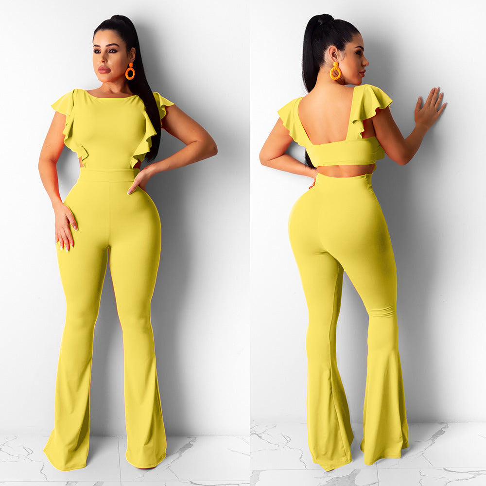 Flying Sleeves Solid Color Wide Leg Flared Jumpsuit