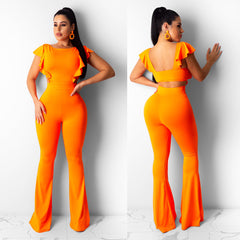 Flying Sleeves Solid Color Wide Leg Flared Jumpsuit