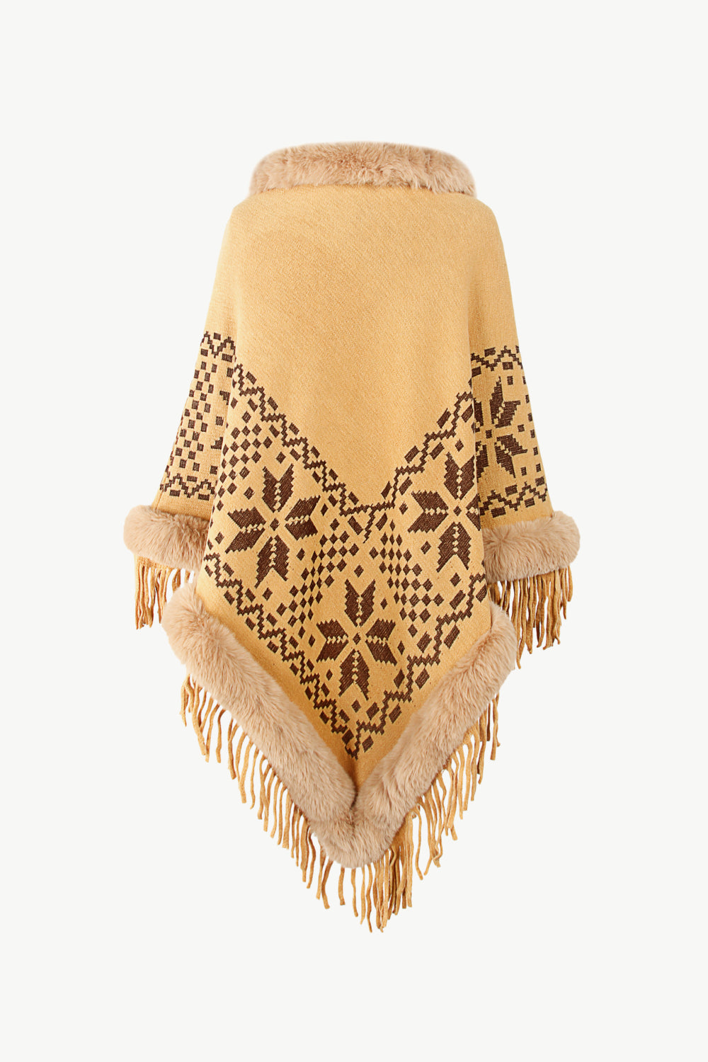 Patterned Faux Fur Trim Fringe Hem Poncho