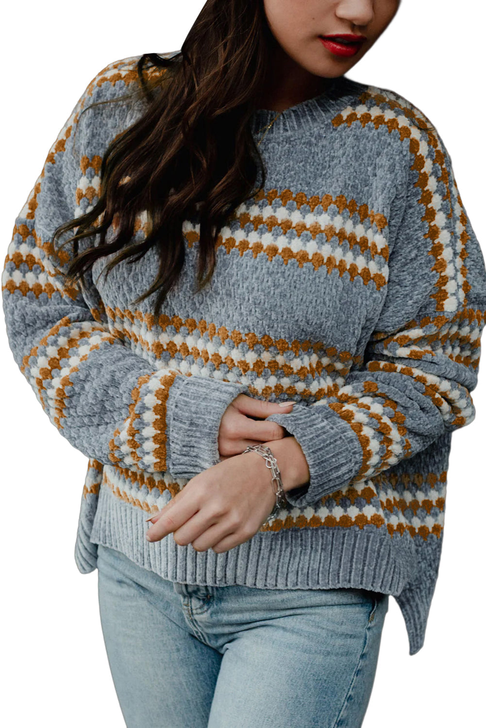 Striped High Low Hem Knitted Jacquard Sweater