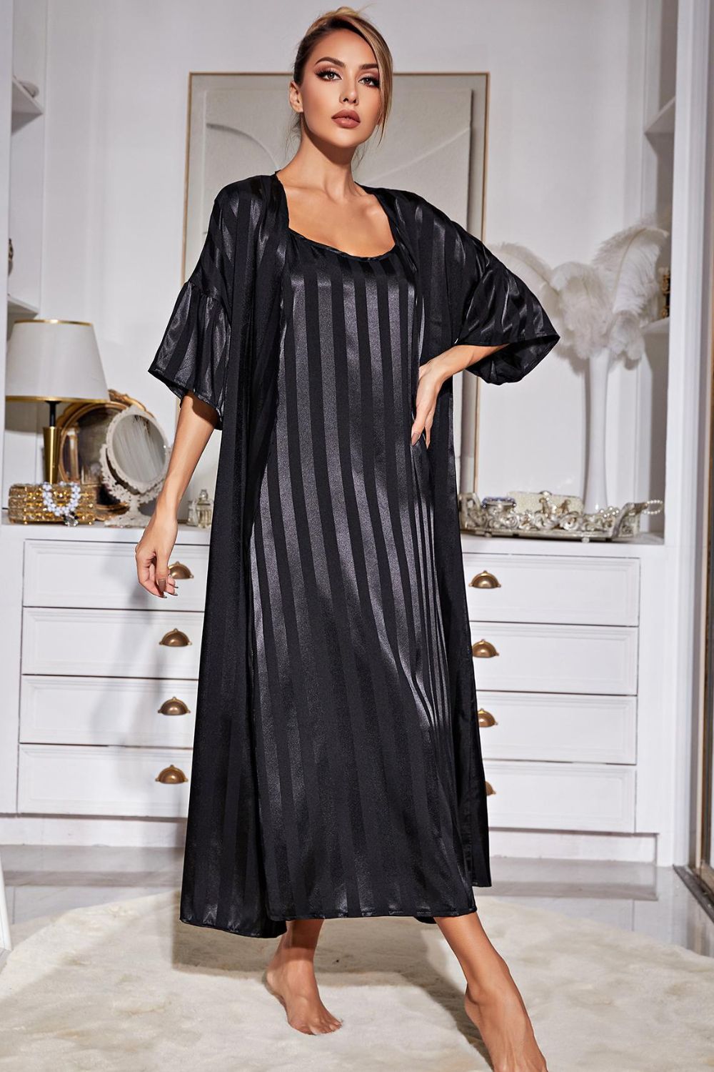 Striped Flounce Sleeve Open Front Robe Cami Dress Set