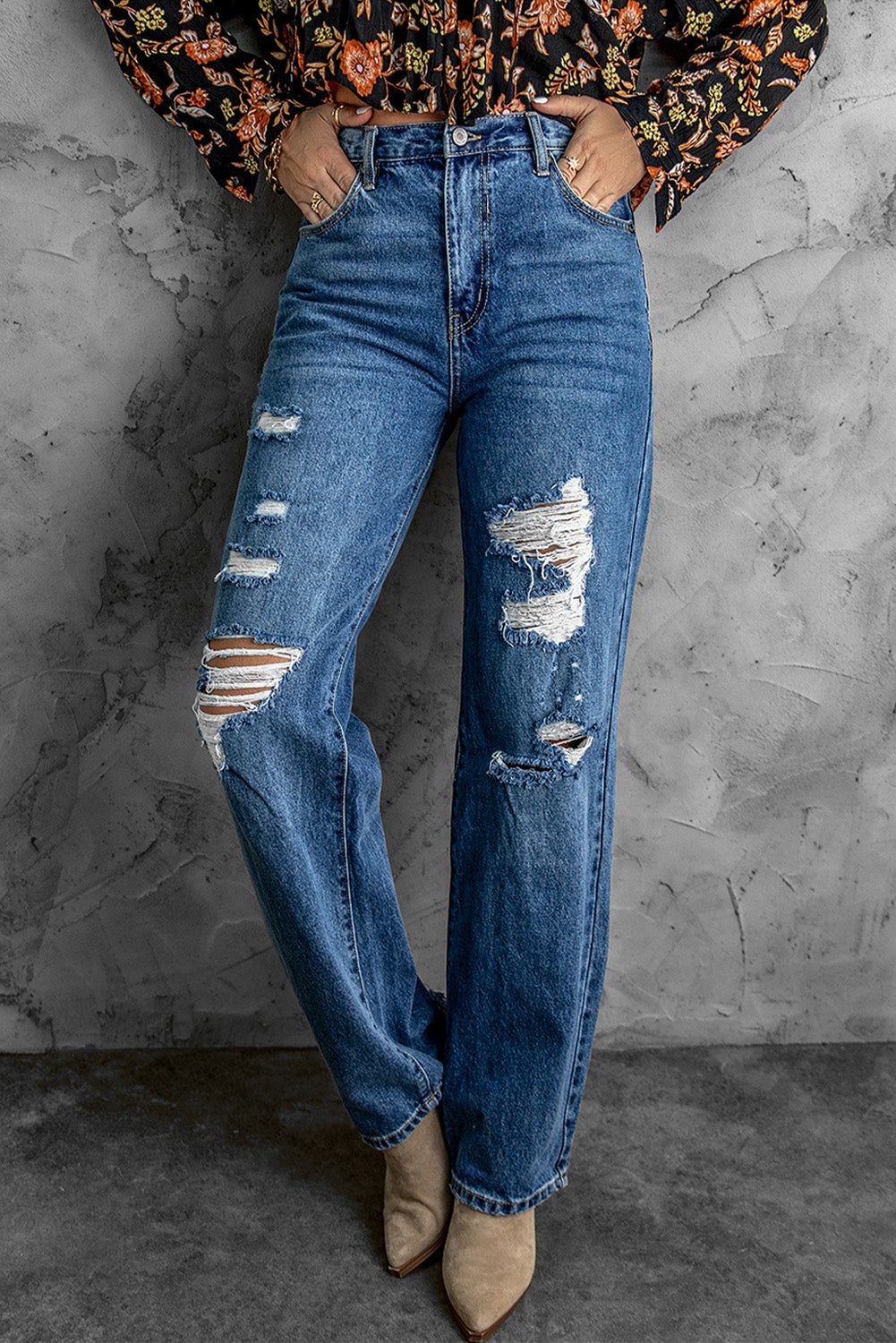 Jean taille haute vieilli avec poches