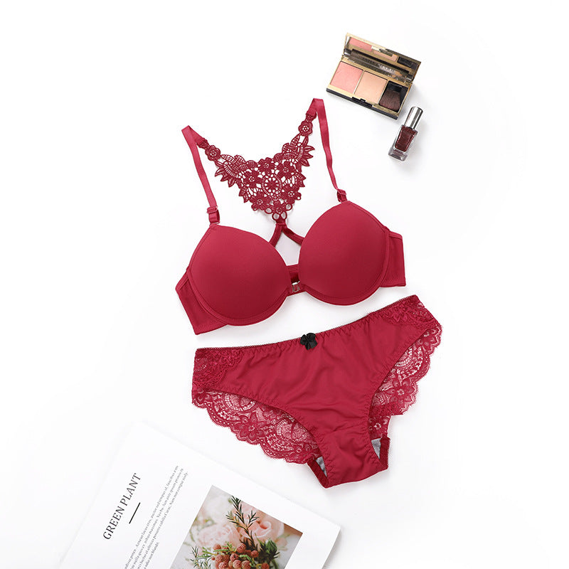 mit Stahlring Push-up-Unterwäsche Lady Glossy Beauty Back Bequeme obere Unterstützung Verdicktes tiefes BH-Set