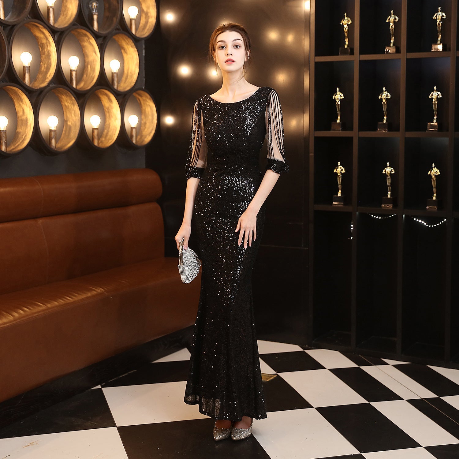 Bankett Elegantes Langes Langarm Pailletten Atmosphäre Königin Fischschwanz Abendkleid