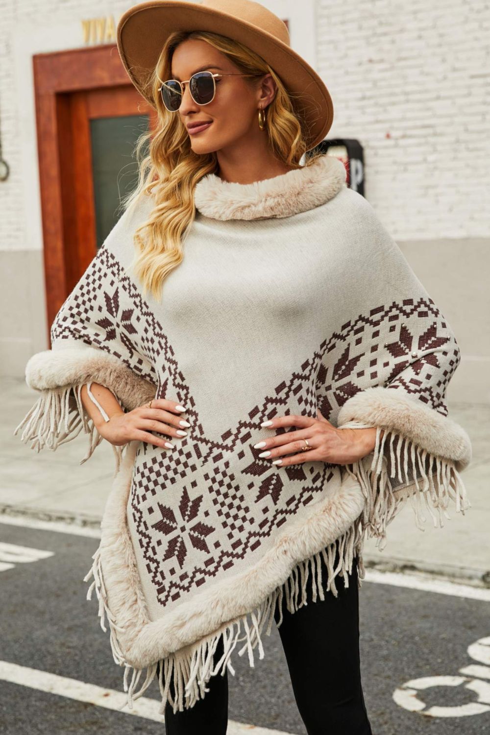 Patterned Faux Fur Trim Fringe Hem Poncho