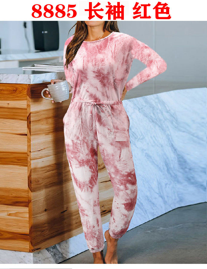 Tie-Dyed One-Piece Pajamas Loose Short Sleeve round Neck Homewear