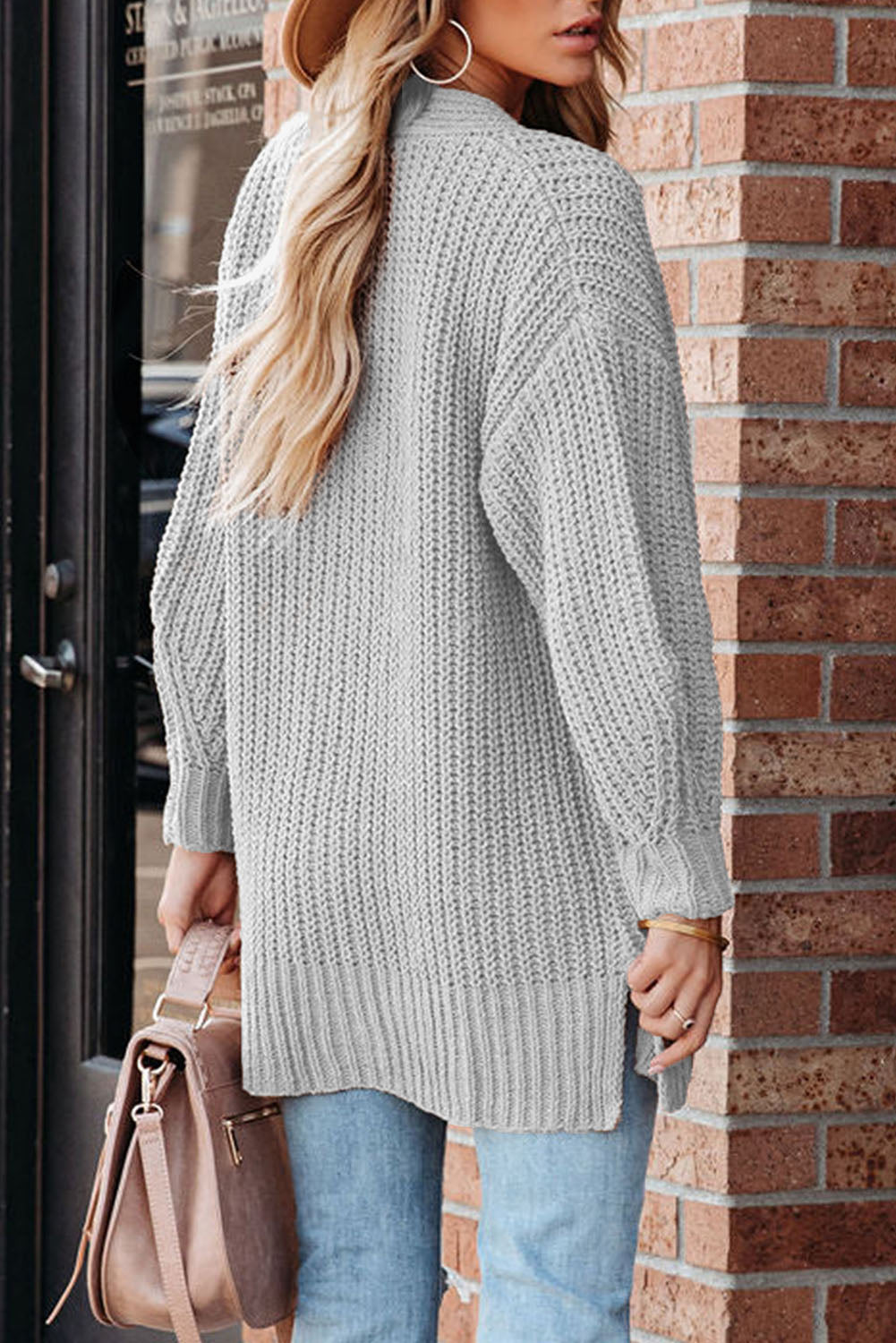 Khakifarbene, einfarbige, lässige Strickjacke mit Knöpfen