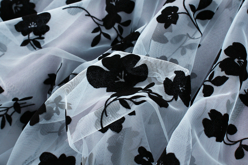 Flocking Mesh Skirt Mid-Length Slimming Draping Gauze Skirt Super-Fairy Fairy Pleated Skirt