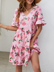 Robe imprimée à col en V et longueur genou