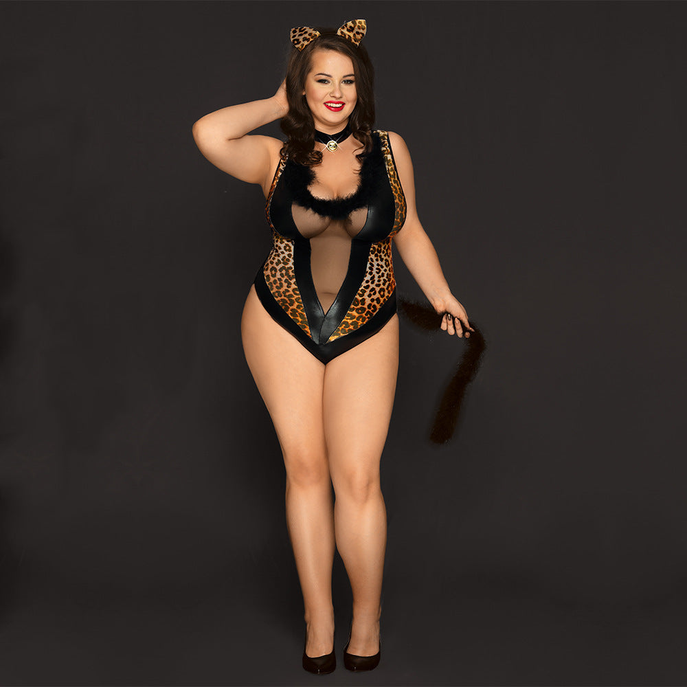 Plus Size One-Piece Uniform Leopard Print  Cat Girl Playing Lingerie