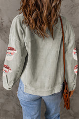 Graue Cordjacke mit Pailletten und Weihnachtsmann-Grafik und Klapptasche