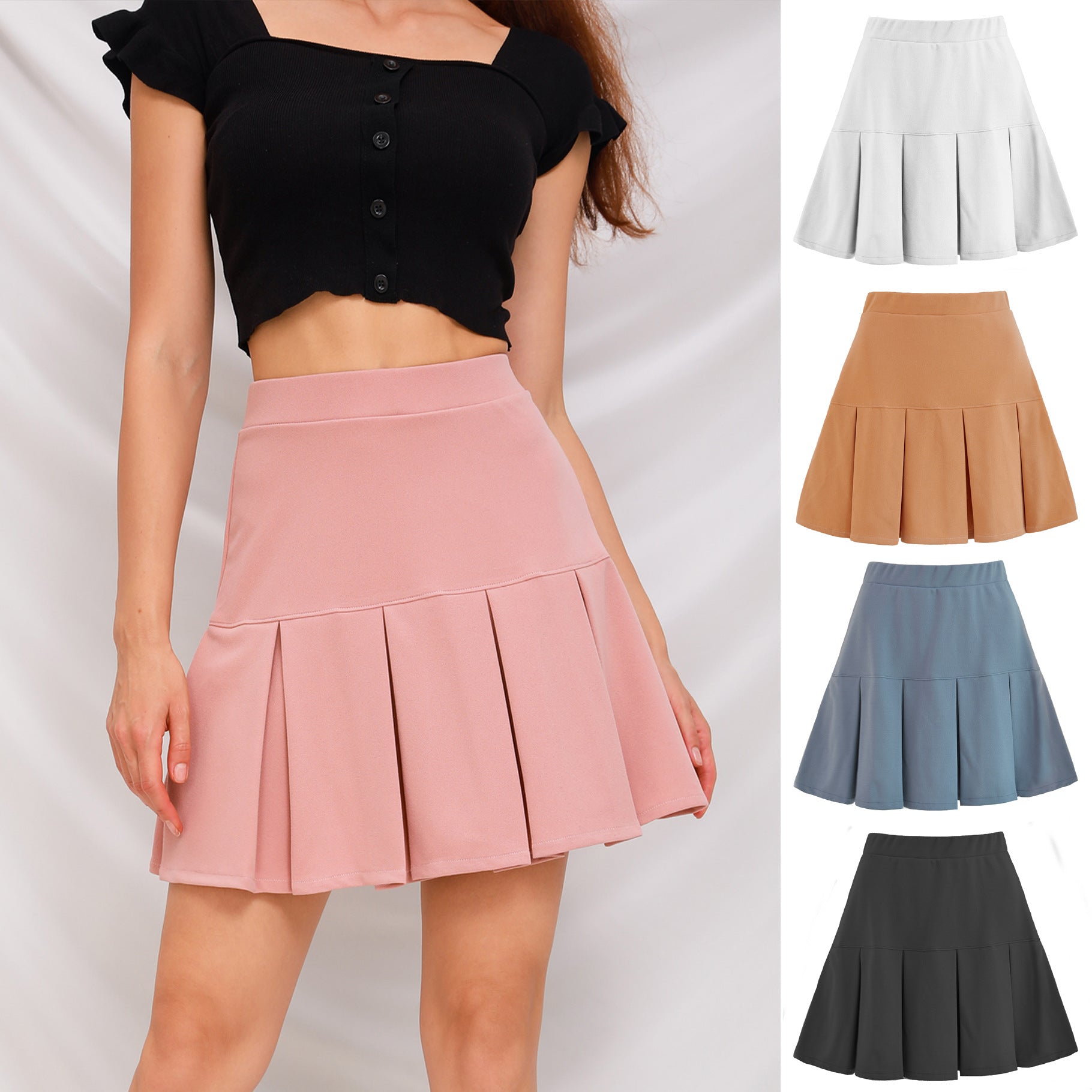 Skirt Elastic High Waist Pleated Skirt Solid Color All-Matching Pleated Skirt Skirt