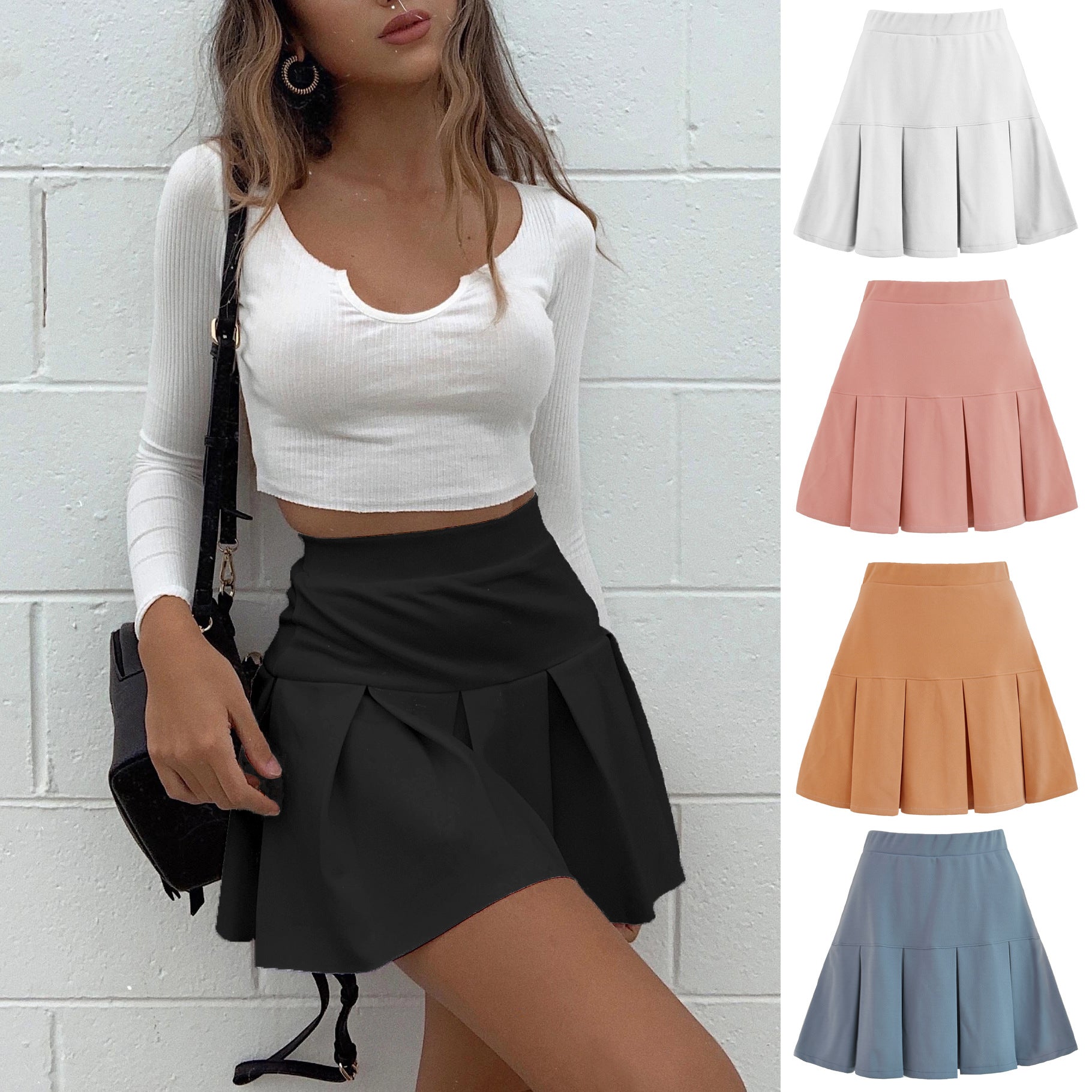 Skirt Elastic High Waist Pleated Skirt Solid Color All-Matching Pleated Skirt Skirt