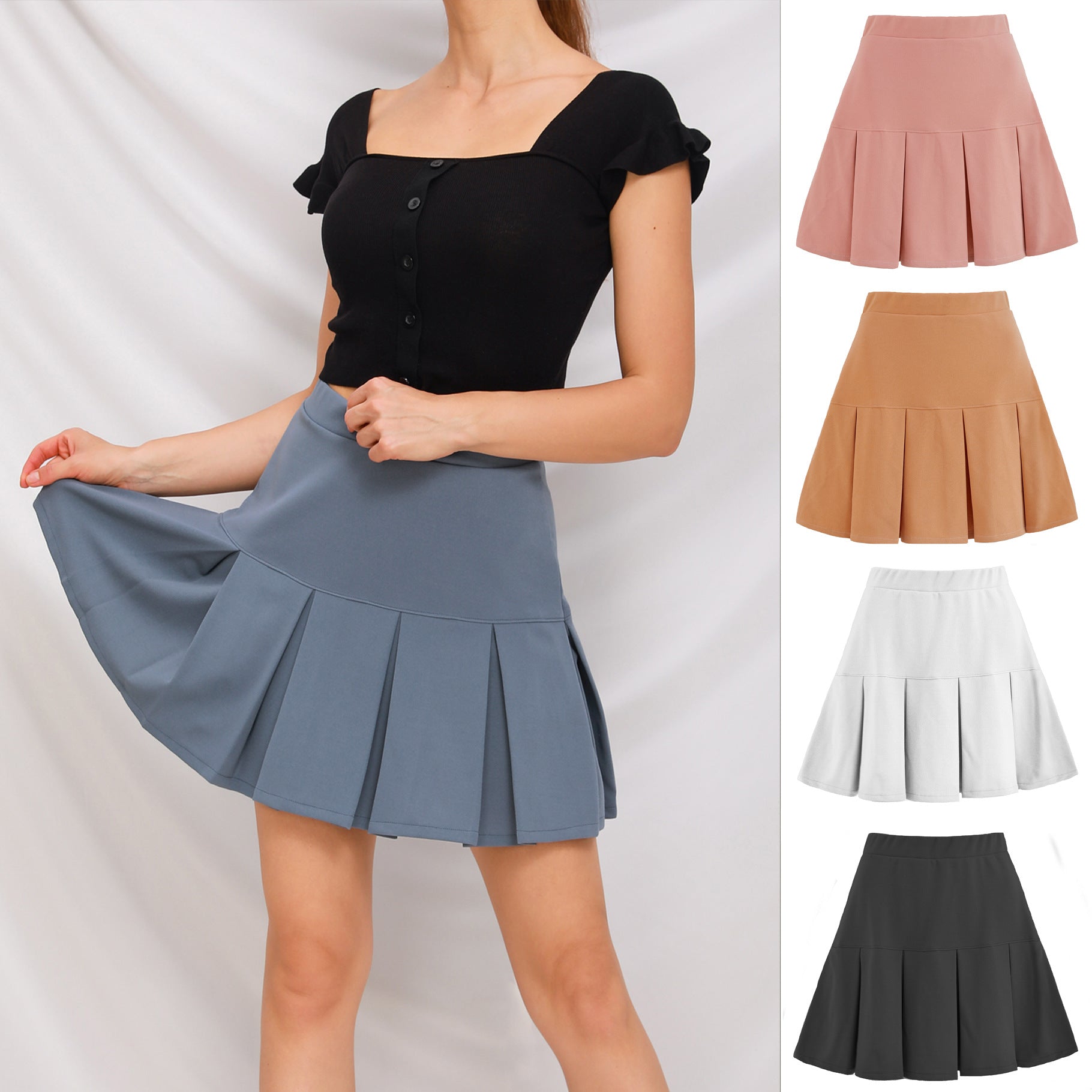 Skirt Elastic High Waist Pleated Skirt Solid Color All-Matching Pleated Skirt Skirt