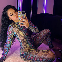 Snake Pattern Long Sleeve Tight Jumpsuit One Piece Trousers