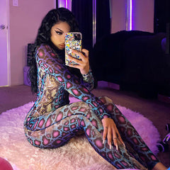 Snake Pattern Long Sleeve Tight Jumpsuit One Piece Trousers
