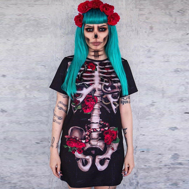 Halloween Costume Skull Spiritual Love Cospaly Performance Wear Printed Dress