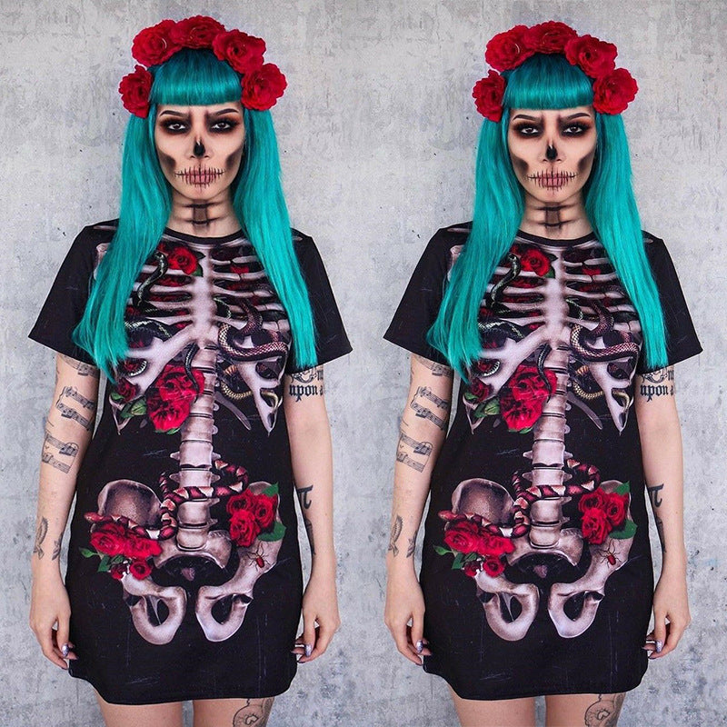 Halloween Costume Skull Spiritual Love Cospaly Performance Wear Printed Dress
