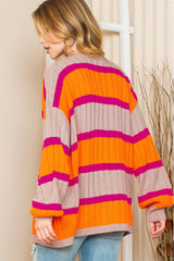 Orange Stripe Print Ribbed Knit Sweater Cardigan