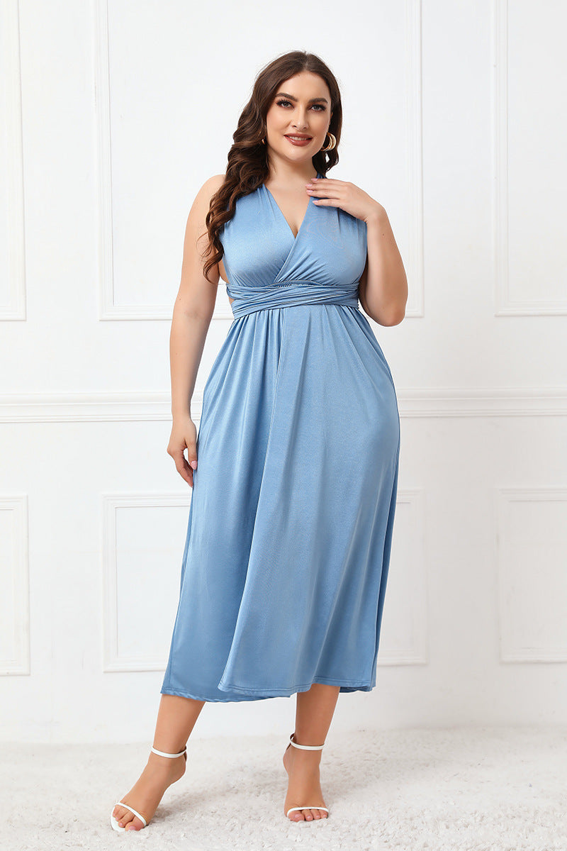 Robe mi-longue sans manches à volants noués grande taille