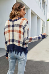 Plaid Distressed Drop Shoulder Sweater