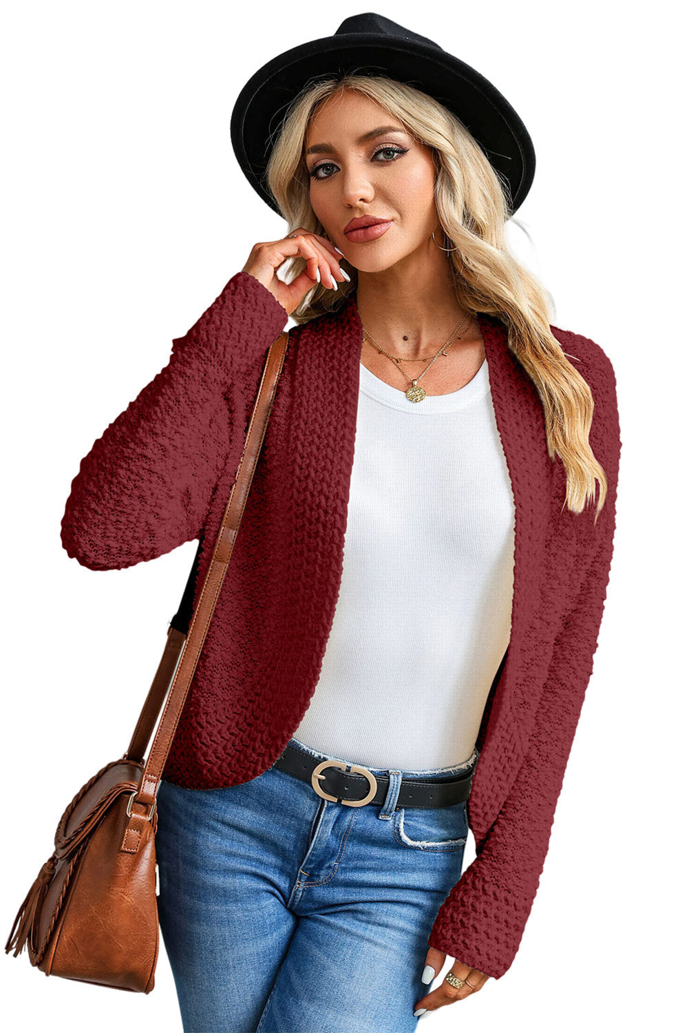 Apricot Popcorn Knit Open Front Cardigan