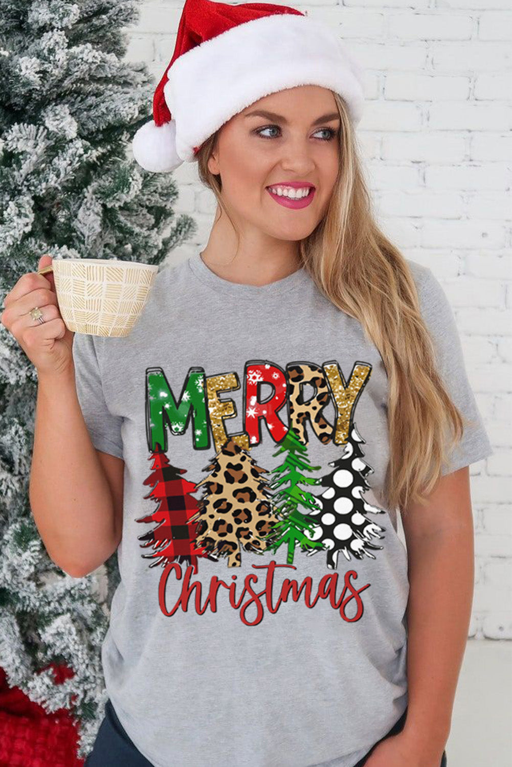 Graues T-Shirt mit Rundhalsausschnitt und Weihnachtsbaum-Print