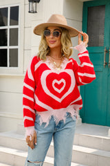 Heart Pattern Distressed Sweater