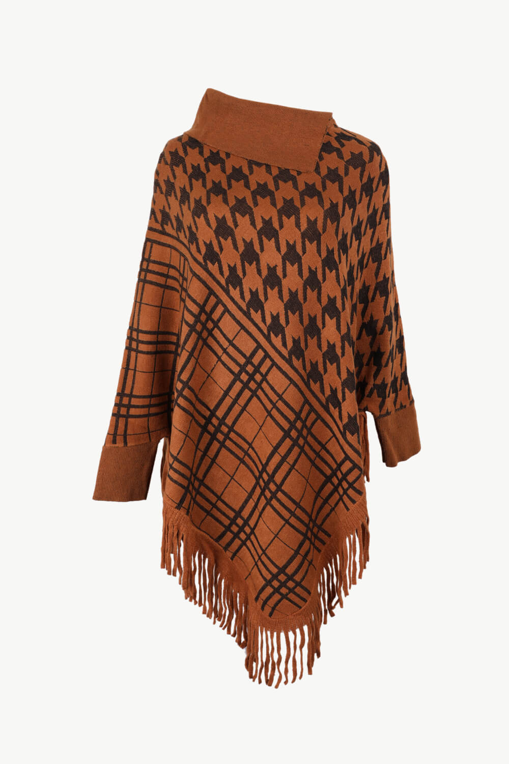 Houndstooth Fringe Hem Poncho
