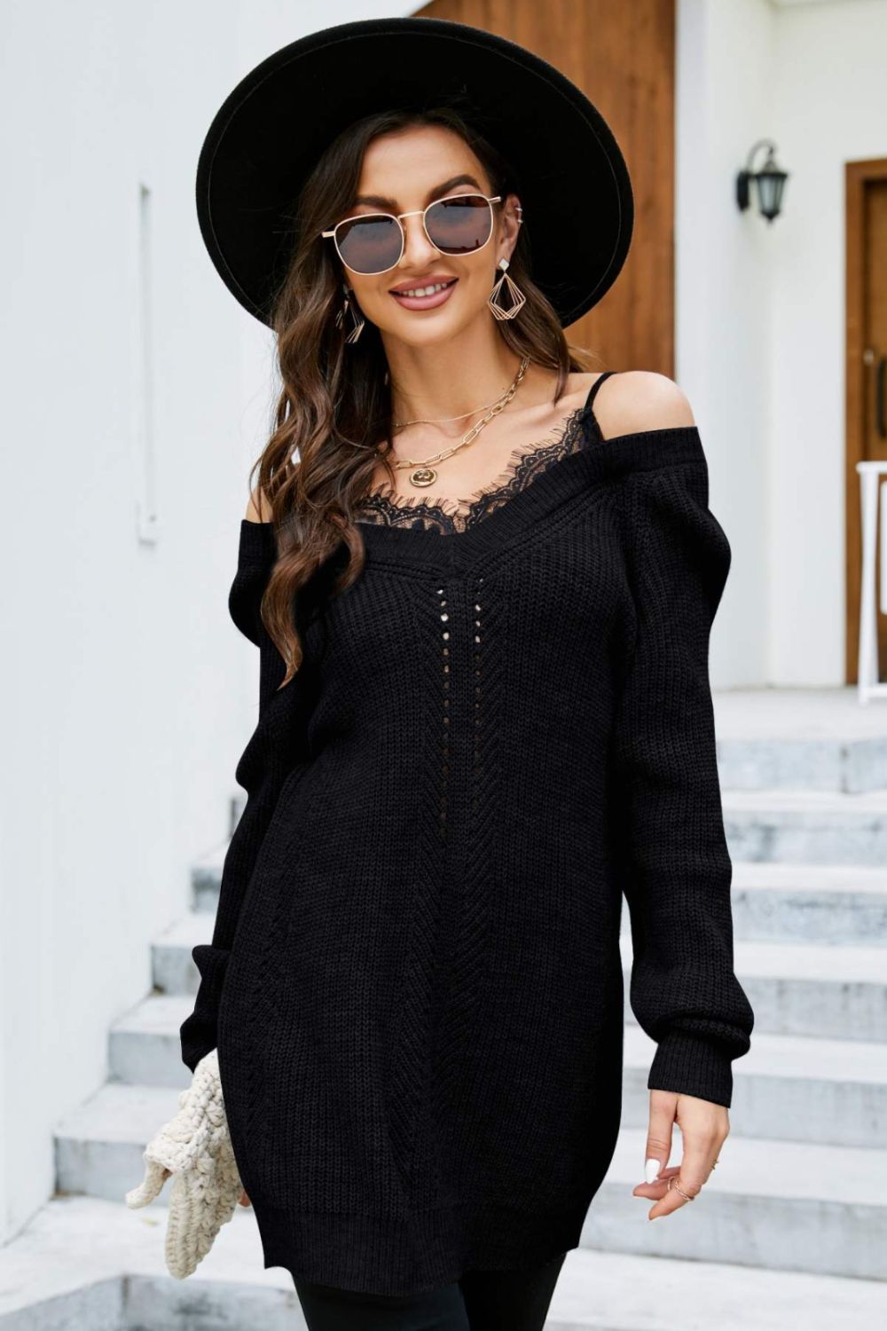 Spliced Lace Cold-Shoulder Tunic Sweater