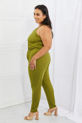 Capella Comfy Casual Full Size Solid Elastic WaistbJumpsuit in Chartreuse
