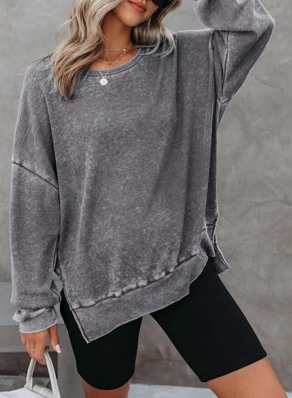 round neck long sleeve side slit waffle knit top